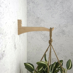 Op de afbeelding: Een houten plantenhanger met een gebogen arm bevestigd aan een muur. Een hangende plant met groene en witte bladeren hangt aan de hanger.