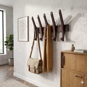May include: A dark brown wooden wall-mounted coat rack featuring five angled hooks. A beige canvas messenger bag with brown leather straps hangs from the first hook, and a long mustard yellow scarf hangs from the center hook of the rack.