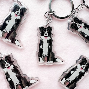 May include: A set of six clear acrylic keychains featuring black and white border collie dog illustrations. Each keychain has a silver metal ring.