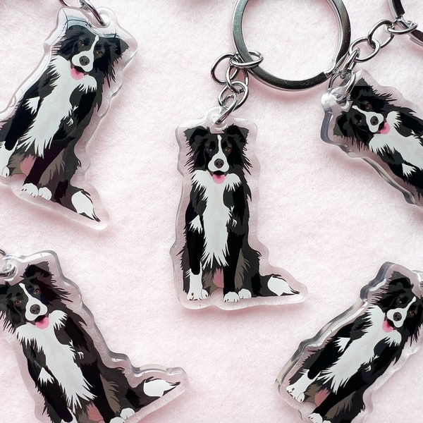 Black and White Border Collie Keychain, Acrylic Keychain, Dog Keychain, Original Artwork Keychain