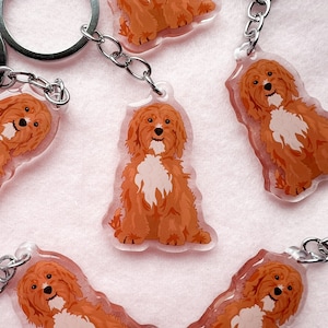 May include: Six clear acrylic keychains featuring a cartoon illustration of a brown and white doodle dog. Each keychain has a silver metal ring and chain.