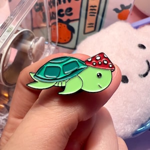 Turtle with Mushroom Hat Pins, Turtle Pin, Enamel Pin, Cute Enamel Pin