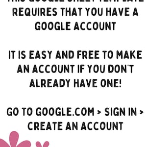 Pu&ograve; includere: Testo su sfondo bianco con fiori rosa in basso. Il testo dice: "Questo modello di foglio di calcolo Google richiede che tu abbia un account Google. &Egrave; facile e gratuito creare un account se non ne hai gi&agrave; uno! Vai su google.com > Accedi > Crea un account."