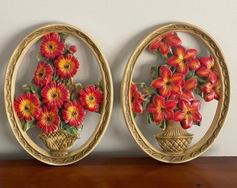2 Vintage Chalkware Floral Plaques, Wall Hanging, Red Flowers, Art Deco 1950’s, Farmhouse/Sunroom/ Entryway/ Floral Decor, Chalk Art, Gold