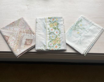 3 Vintage Mismatched Pillowcases, Pink/Green/Blue/Brown/Yellow, Standard Size, Country/Floral/Shabby Chic/Farmhouse/Cabin Decor