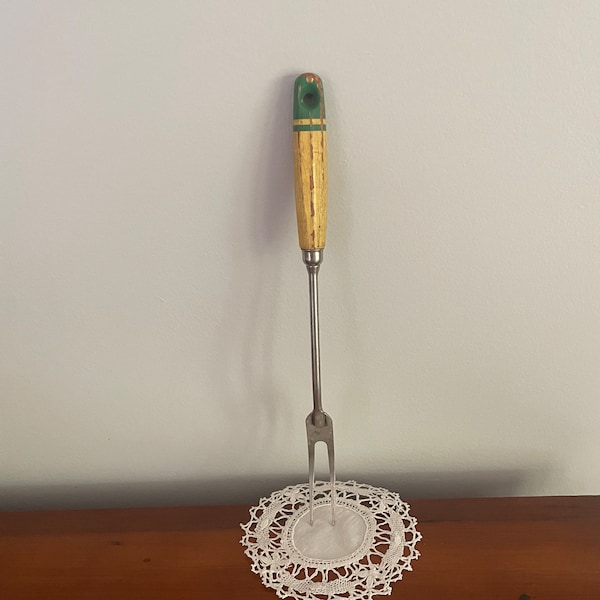 Vintage Meat Fork A&J, 12.75”, USA, Yellow/Green Handle, Farmhouse/Country/Rustic Kitchen Decor, Foodie, Photography Prop, Collectible