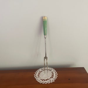 Vintage Meat Fork, 12.75”, A&J, USA, Wooden Green Handled, 1930’s, Serving Fork, Farmhouse/Country Kitchen Decor, Foodie, Food Photography