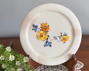 Vintage Ceramic Trivet, 6.25" Diameter, Yellow, Blue, Orange & Purple Flowers, Crazed, Farmhouse/Country Decor, 1970's