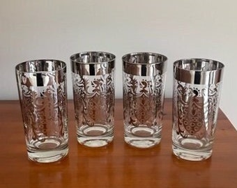 4 Vintage Highball Glass Tumblers, Mid Century Kimiko Silver Knight Shield/Crest, Platinum Silver Rimmed Tumblers, Clear Glass/Design