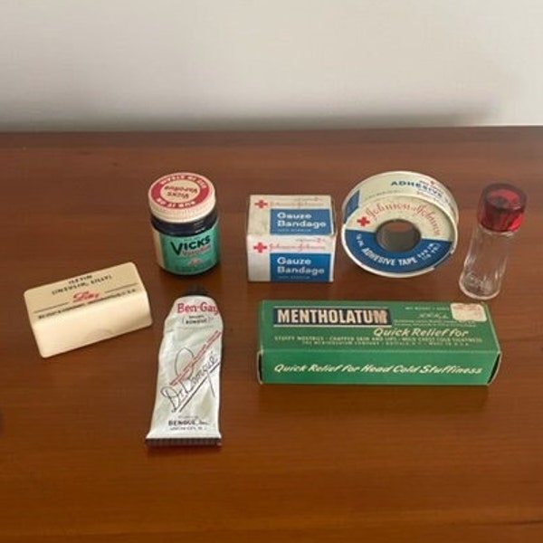 7 Vintage Medicinal Bottles, Box & Tins, Medicine Cabinet/Pharmaceutical Items, American Red Cross, Vicks, Ben-Gay, 1960's, Collectible