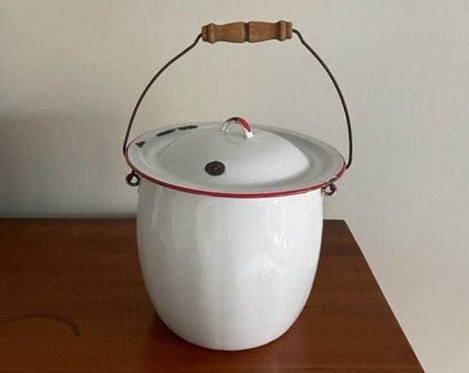 Vintage Enamel Large Chamber Pot/bucket White W/ Red Trim Etsy