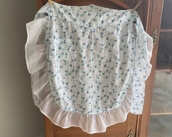 Vintage 1/2 Apron, Blue Floral, Green Foliage w/ White Ruffled Trim, Cotton, 2 Waist Ties, Front Pocket, Farmhouse Decor, PERFECT Condition