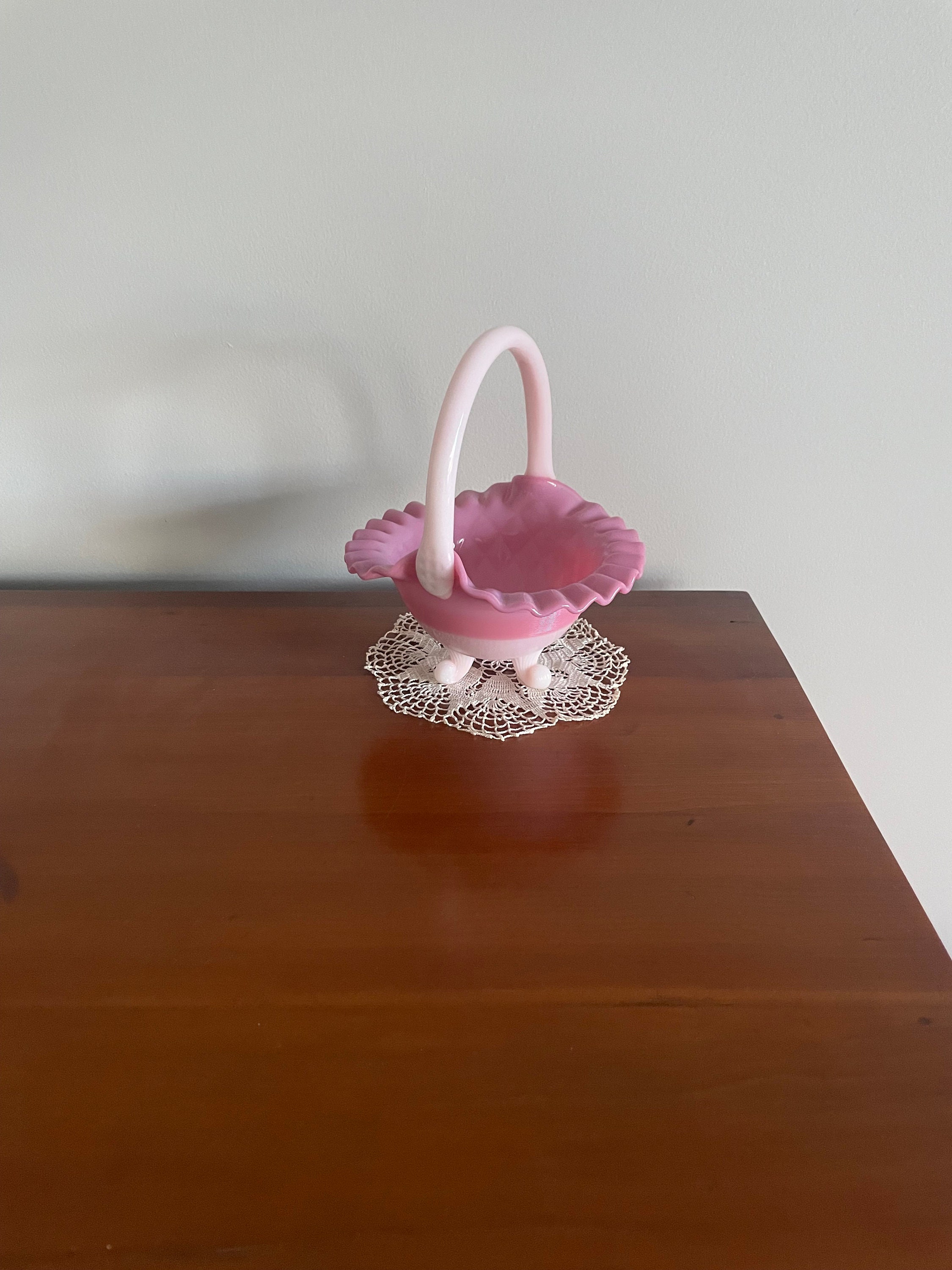 Vintage Fenton Glass Basket, Rosalene Pink/white Threaded