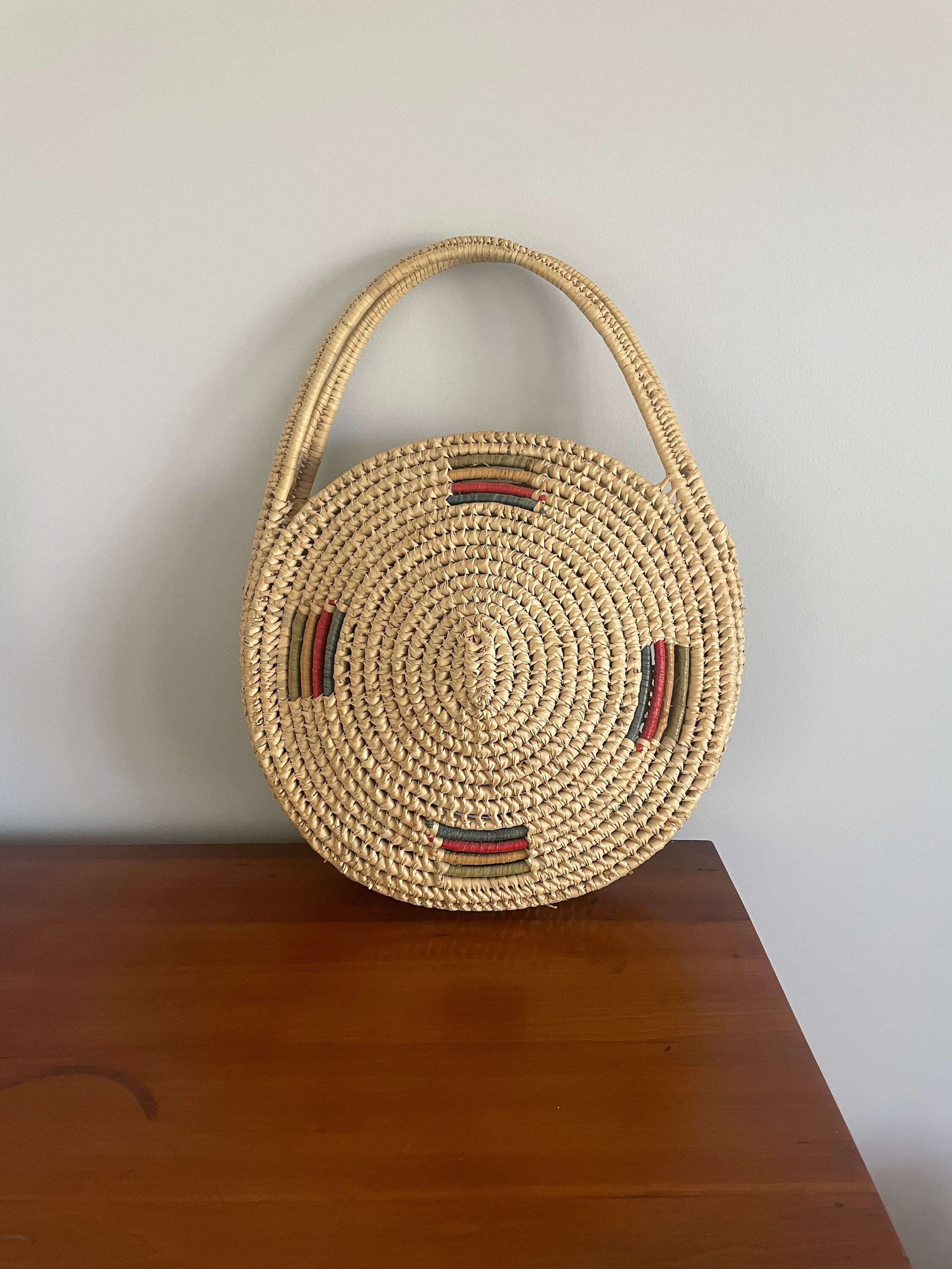 Vintage 1950s Raffia Bucket Bag With Bamboo Handle