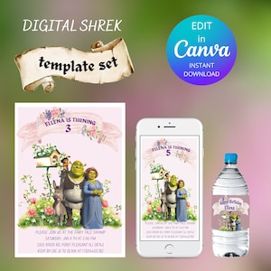 Shrek invitation, digital shrek birthday invitation, Birthday Green Ogre,bottle water label, birthday decor bottle water green ogre.