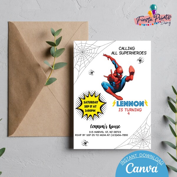 Spiderman Birthday Party Invitation, Spider Man template, Any Age, Superhero, Editable PDF Template, instant download, hombre araña