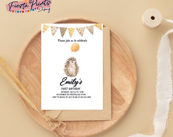 Invitación de cumpleaños de erizo, invitación del bosque, primera invitación de cumpleaños, plantilla de cumpleaños del bosque de erizo, descarga instantánea