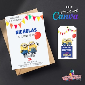 Modificabile Assembla l'invito alla festa di compleanno dei Minion, Etichetta di ringraziamento per il compleanno dei Minion, Etichette regalo, Invito per ragazzi e ragazze, Canva