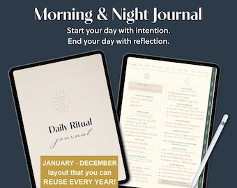 Peut inclure: Un planificateur numérique avec un fond beige et un graphique soleil et lune. Le planificateur est intitulé "Daily Ritual Journal" et comprend le texte "JANUARY - DECEMBER layout that you can REUSE EVERY YEAR!" et "34+ BONUS PAGES TO ALIGN WITH THE LIFE YOU DESIRE!"