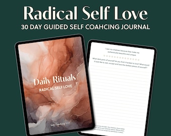 Può includere: Due tablet digitali che mostrano un diario di self-coaching. Il tablet di sinistra mostra "Daily Rituals" con il testo "Radical Self Love" e un design ad acquerello. Il tablet di destra ha suggerimenti per il diario. Il testo recita "Radical Self Love" e "30 Day Guided Self Coaching Journal".