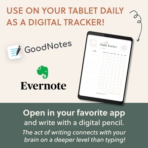 Puede incluir: Una tableta digital que muestra un rastreador de h&aacute;bitos semanal con un dise&ntilde;o de luna y sol. La imagen incluye los logotipos de las aplicaciones GoodNotes y Evernote, y el texto: "&iexcl;&Uacute;selo en su tableta diariamente como un rastreador digital!" y "Abra en su aplicaci&oacute;n favorita y escriba con un l&aacute;piz digital."