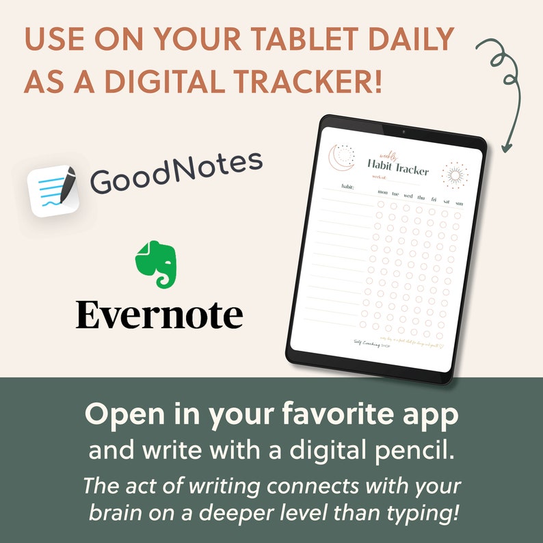 Puede incluir: Una tableta digital que muestra un rastreador de h&aacute;bitos semanal con un dise&ntilde;o de luna y sol. La imagen incluye los logotipos de las aplicaciones GoodNotes y Evernote, y el texto: "&iexcl;&Uacute;selo en su tableta diariamente como un rastreador digital!" y "Abra en su aplicaci&oacute;n favorita y escriba con un l&aacute;piz digital."