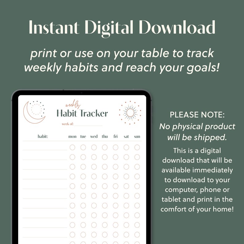 Puede incluir: Seguimiento digital de h&aacute;bitos en una tableta. El rastreador presenta un dise&ntilde;o semanal con espacios para registrar h&aacute;bitos. El dise&ntilde;o incluye gr&aacute;ficos celestiales y el texto "Habit Tracker". El fondo es de un verde apagado.