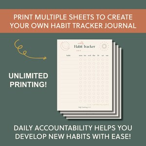 Puede incluir: Una pila de hojas de seguimiento de h&aacute;bitos beige con el texto "weekly Habit Tracker" y un gr&aacute;fico de luna y sol. Las hojas tienen espacios para rastrear los h&aacute;bitos diariamente. La imagen tambi&eacute;n incluye el texto "PRINT MULTIPLE SHEETS TO CREATE YOUR OWN HABIT TRACKER JOURNAL" y "UNLIMITED PRINTING!"
