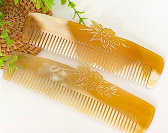 Natural Buffalo FLOWER CARVING Horn Comb, Anti-Static Handmade Pocket Horn Comb, Middle Ages Comb, Head Massage Helps Blood Circulation