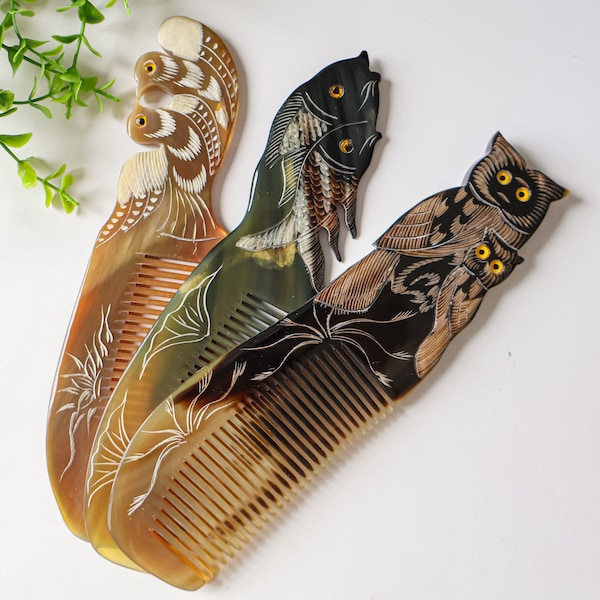 Symbol of LUCKY, Love & Peace Natural Buffalo Horn Comb, Mother Child Pigeon Fish Owl Buffalo Horn Hair Comb for Anti-Static Massage