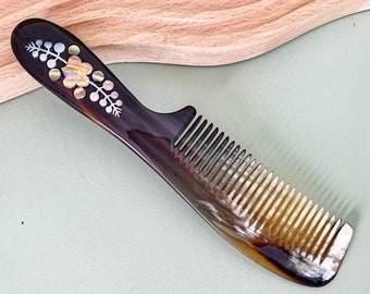 Buffalo Horn Comb, Handmade Mother of pearl Massage Hair Brush, Natural Curly Horn Comb, Anti-static Natural Comb, Mosaic Brush Buffalo