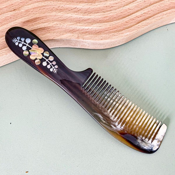 Buffalo Horn Comb, Handmade Mother of pearl Massage Hair Brush, Natural Curly Horn Comb, Anti-static Natural Comb, Mosaic Brush Buffalo