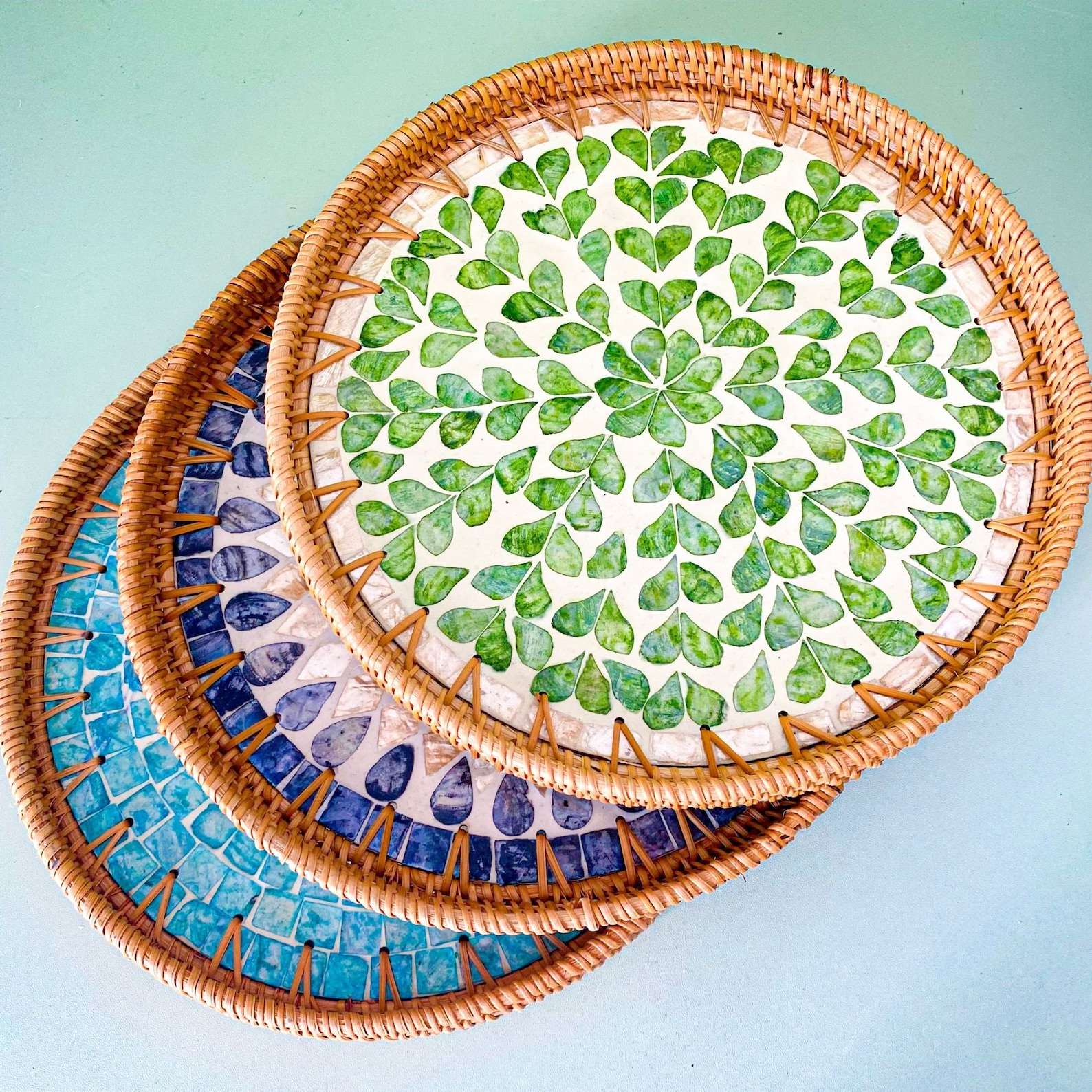 Mother of Pearl and Mosaic Tray, Round Rattan Serving Tray Set ...