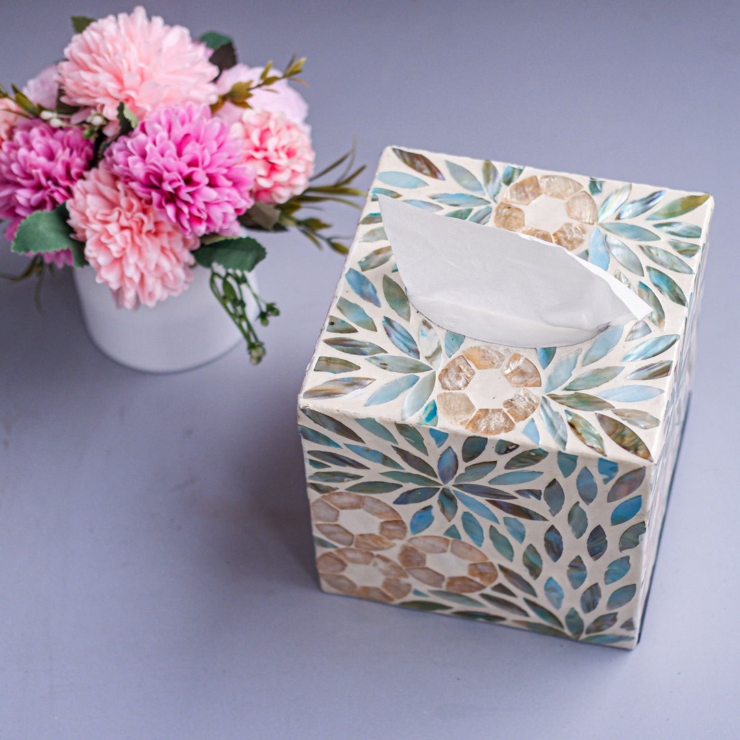 Square Cube Tissue Holder, Mother Pearl Tissue Box Blue Floral Pattern