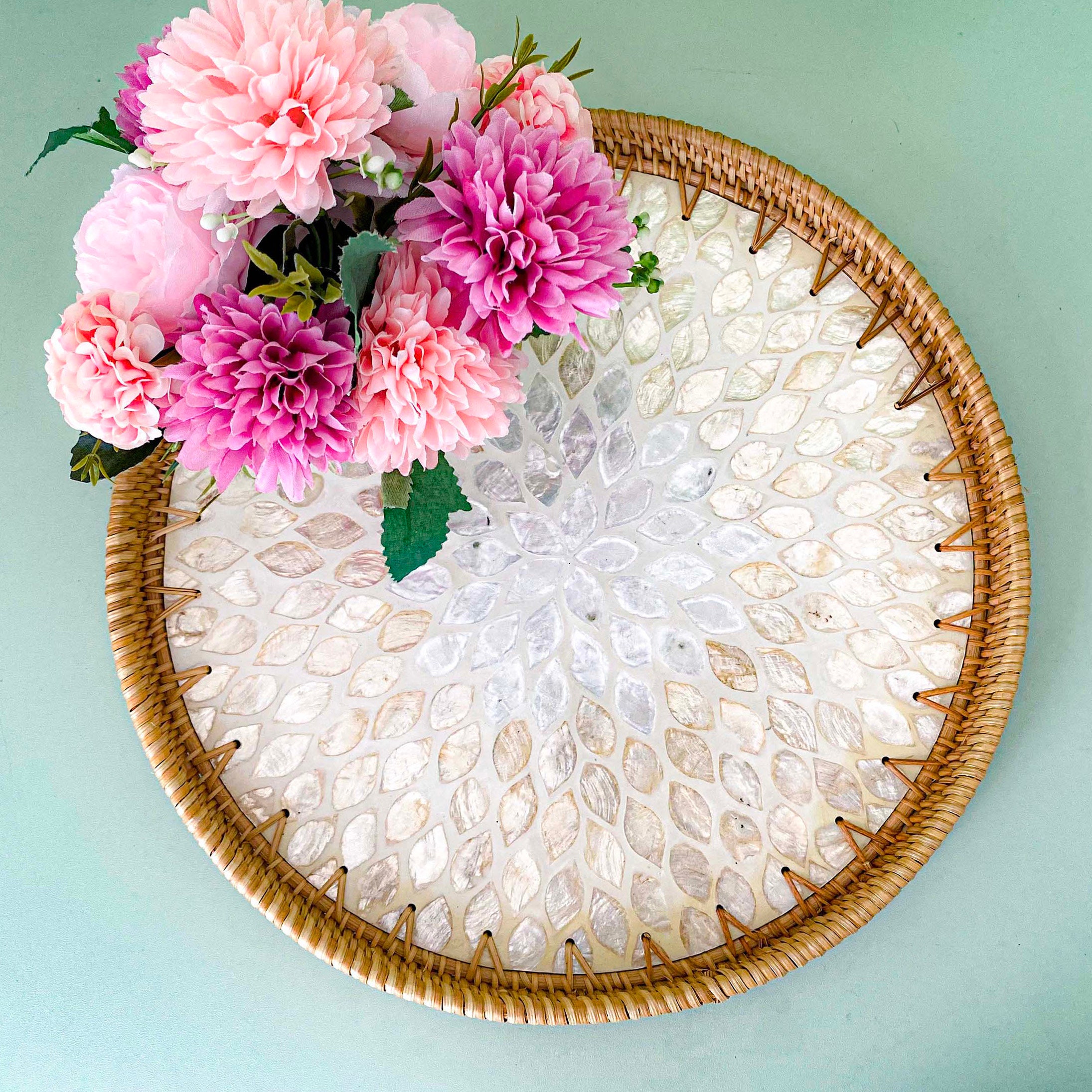 Mother of Pearl and Mosaic Tray, Round Rattan Serving Tray Set ...