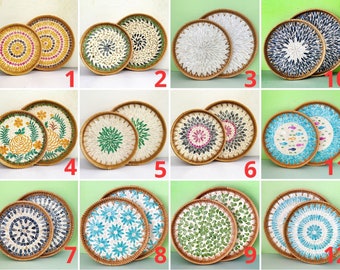 Many Styles Pattern Mother of Pearl and Mosaic Tray, Round Rattan Serving Tray Set, Handwoven Display Tray, Boho Décor, Wall Art, Home Decor