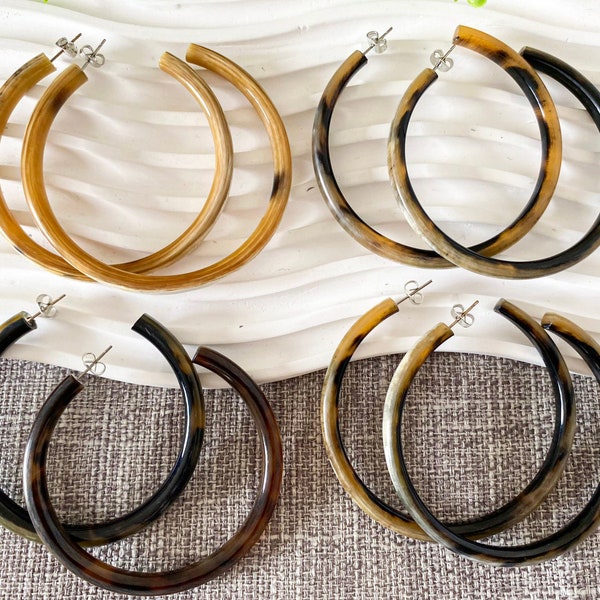 Original Natural Buffalo Horn Loop Earrings, Geometric Earrings, Hoop earrings, Boho Earrings, Handcraft Buffalo Horn Earrings, Gift for Her