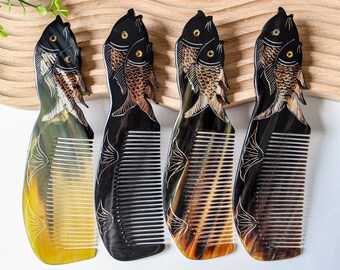 Mother Children Natural Ox Horn Comb, Luxury Double Fish Symbol of Resurrection Immortality Buffalo Horn Hair Comb for Anti-Static Massage