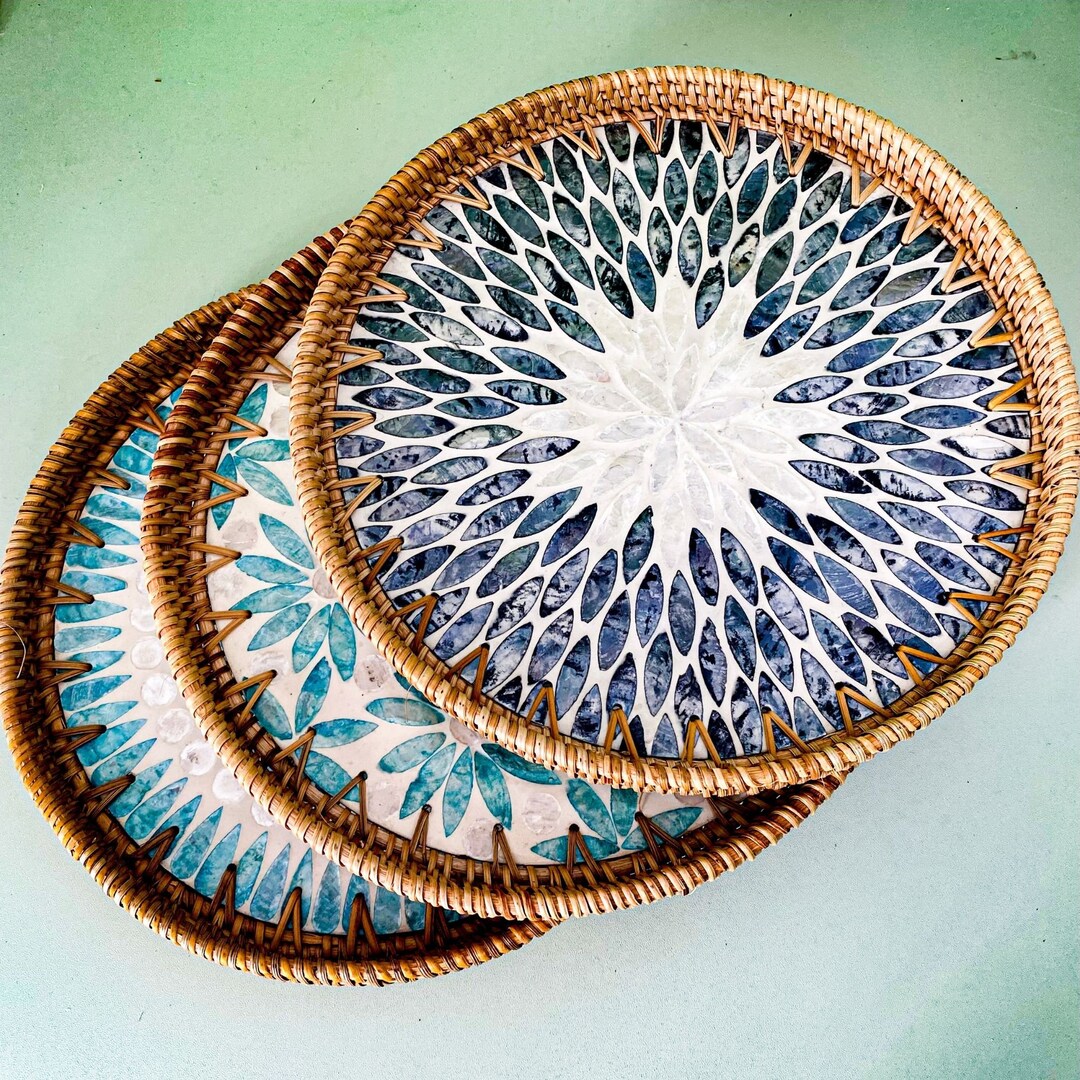 Mother of Pearl and Mosaic Tray, Round Rattan Serving Tray Set ...