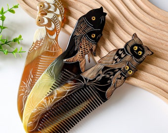 Natural Buffalo Horn Comb Double Pigeon Fish Owl Symbol of LUCKY, Love & Peace Buffalo Horn Hair Comb for Anti-Static Massage