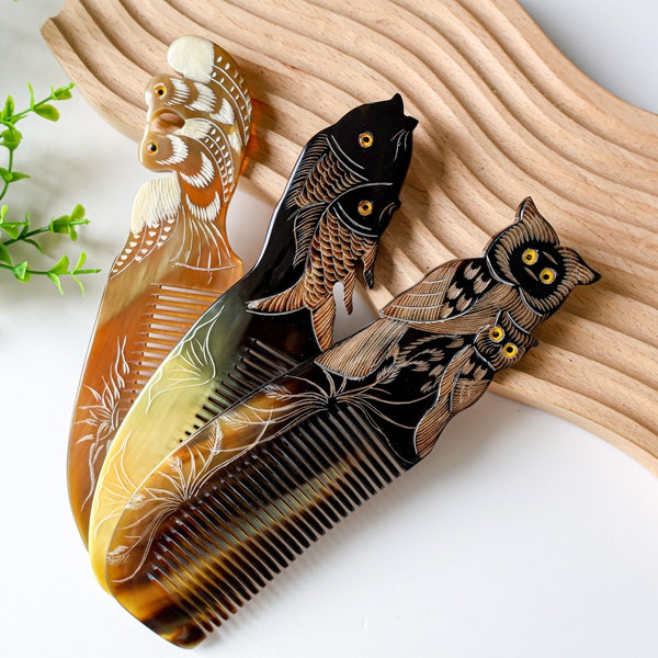 Natural Buffalo Horn Comb Double Pigeon Fish Owl Symbol of LUCKY, Love & Peace Buffalo Horn Hair Comb for Anti-Static Massage