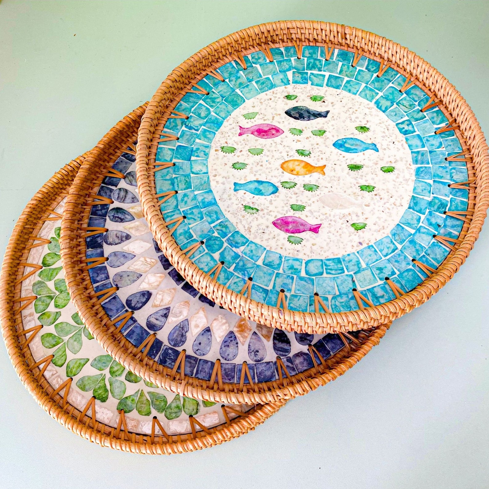 Mother of Pearl and Mosaic Tray, Round Rattan Serving Tray Set ...