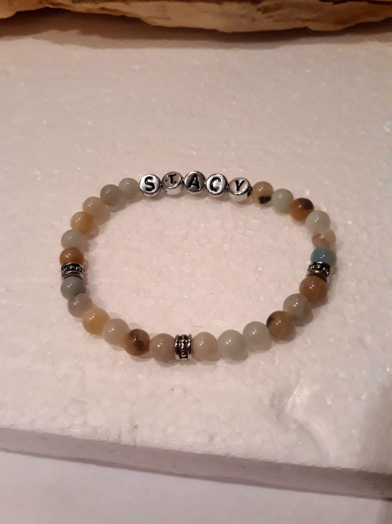 Stacking bracelet Amazonite natural gemstone personalized stretch bracelet Stacking Inspiring word bracelet Initials and name jewelry