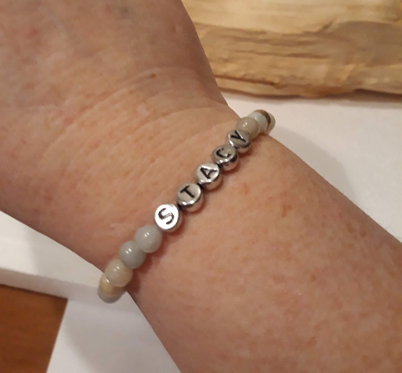 Stacking bracelet Amazonite natural gemstone personalized stretch bracelet Stacking Inspiring word bracelet Initials and name jewelry