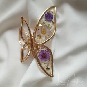Pressed Purple Daisy Fleabane Metal Hair Claw, Large Size, Halfmoon French Twist Claw, Bridal Wreath Hair Clip, Leaves Hair Accessories
