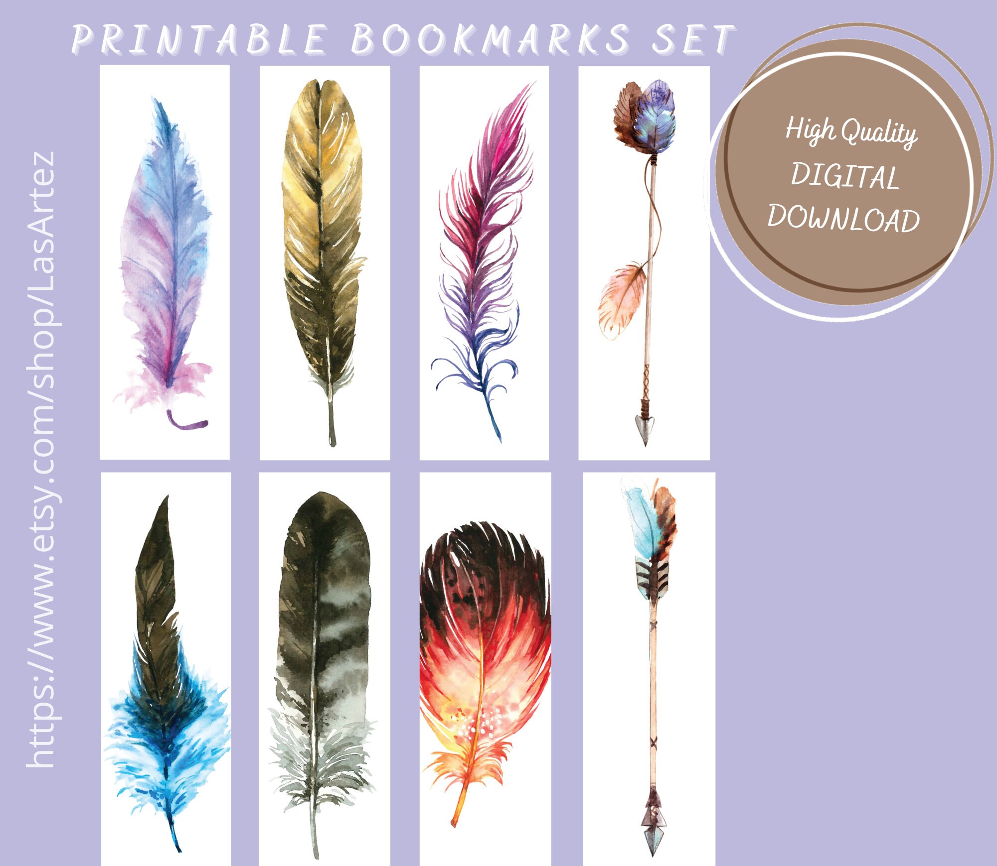 feather watercolor bookmark set 2 printable bookmark with etsy