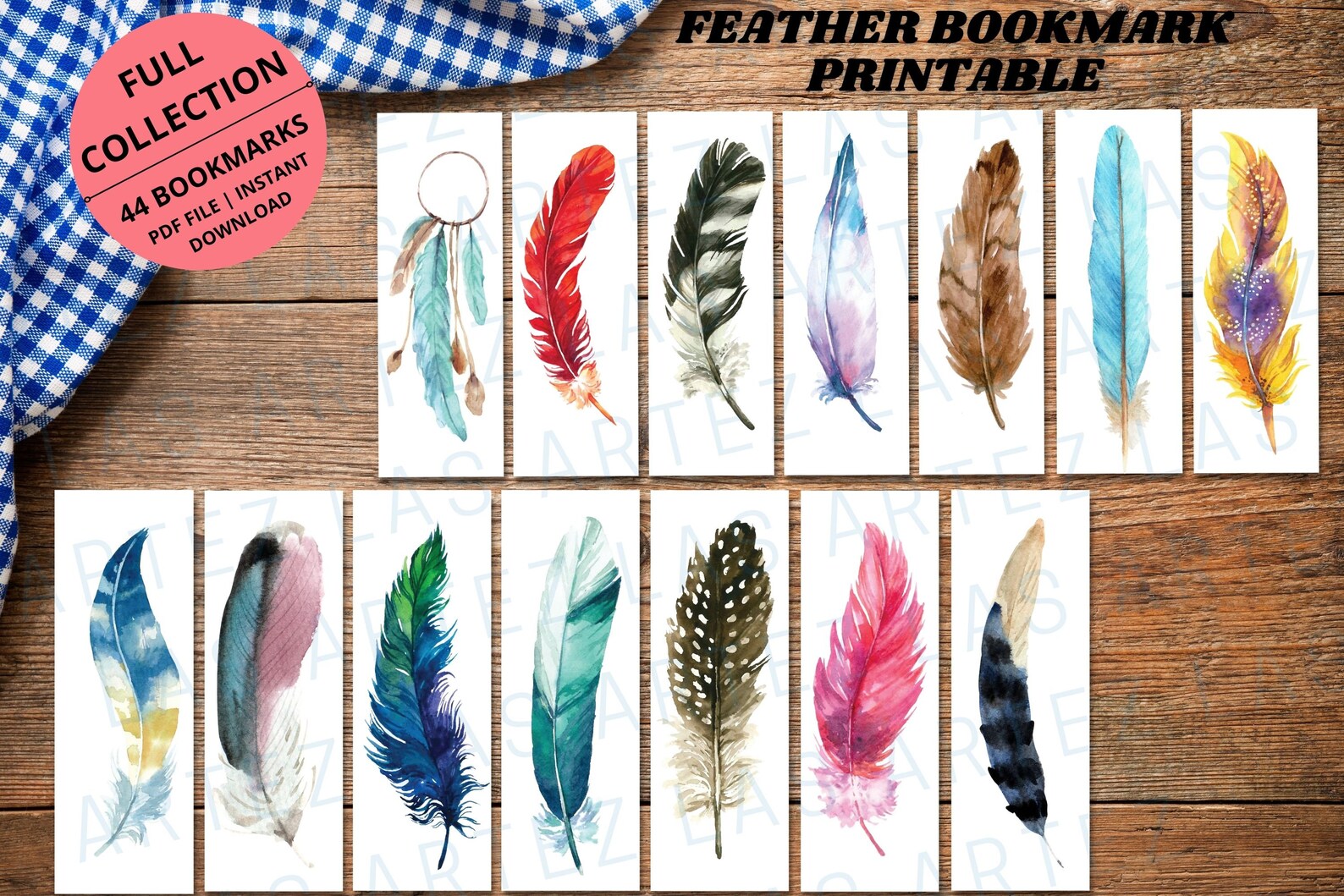 printable feather bookmarks set of 44 watercolor feather etsy