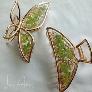 Green Gold Bupleurum & Snowdrop Flowers Gold Metal Hair Claw, Large Size, Butterfly French Twist Claw, Bridal Hairclip Accessories Gift