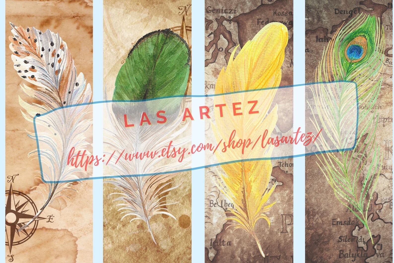 feather watercolor bookmark set 4 printable vintage feather etsy