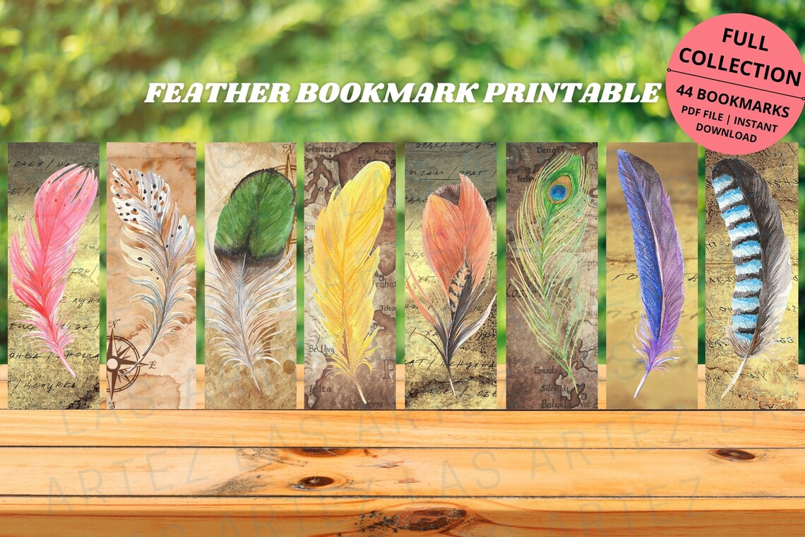 printable feather bookmarks set of 44 watercolor feather etsy